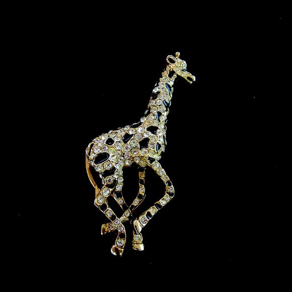 Vintage clear rhinestone & black enamel giraffe brooch - gold tone setting - Picture 2 of 7
